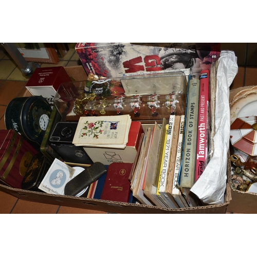 518 - TWO BOXES AND A CASE OF EPHEMERA, ROYAL COMMEMORATIVES, CERAMICS AND SUNDRY ITEMS, to include twelve... 