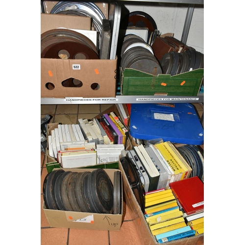 522 - SIX BOXES OF VINTAGE FILM REELS, in different formats, silent and with sound, to include Walton and ... 