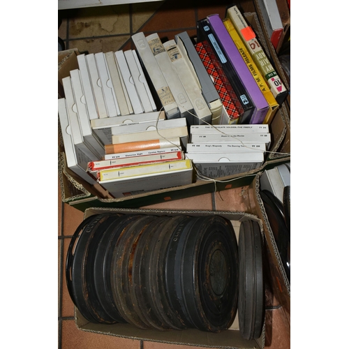 522 - SIX BOXES OF VINTAGE FILM REELS, in different formats, silent and with sound, to include Walton and ... 