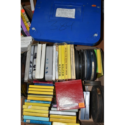 522 - SIX BOXES OF VINTAGE FILM REELS, in different formats, silent and with sound, to include Walton and ... 