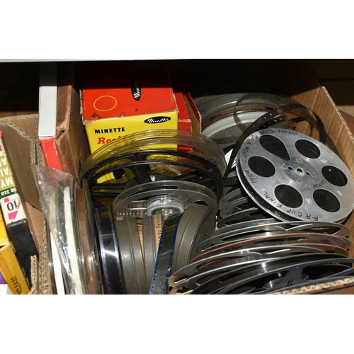 522 - SIX BOXES OF VINTAGE FILM REELS, in different formats, silent and with sound, to include Walton and ... 