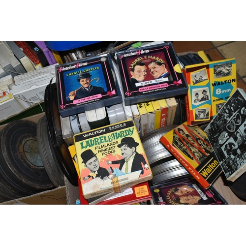 522 - SIX BOXES OF VINTAGE FILM REELS, in different formats, silent and with sound, to include Walton and ... 