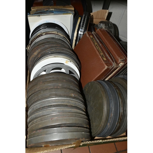 522 - SIX BOXES OF VINTAGE FILM REELS, in different formats, silent and with sound, to include Walton and ... 