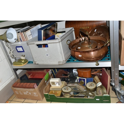 524 - FOUR BOXES AND LOOSE METAL WARES, STAMPS, RECORDS, BOOKS AND SUNDRY ITEMS, to include a copper and b... 