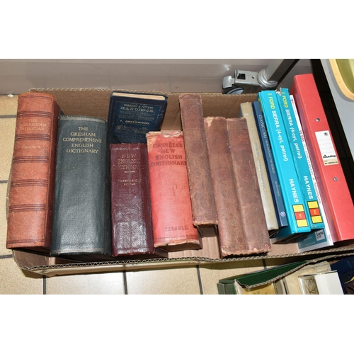 524 - FOUR BOXES AND LOOSE METAL WARES, STAMPS, RECORDS, BOOKS AND SUNDRY ITEMS, to include a copper and b... 