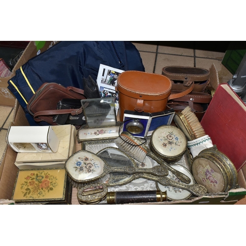 524 - FOUR BOXES AND LOOSE METAL WARES, STAMPS, RECORDS, BOOKS AND SUNDRY ITEMS, to include a copper and b... 