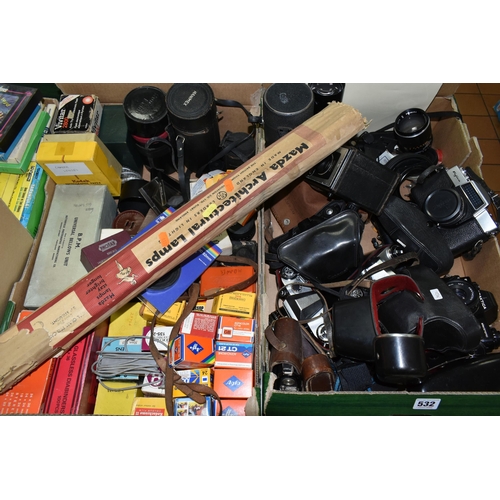 532 - TWO BOXES OF VINTAGE CAMERAS AND EQUIPMENT, to include a folding Zeiss Ikon camera with a brown leat... 