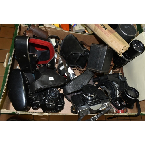 532 - TWO BOXES OF VINTAGE CAMERAS AND EQUIPMENT, to include a folding Zeiss Ikon camera with a brown leat... 