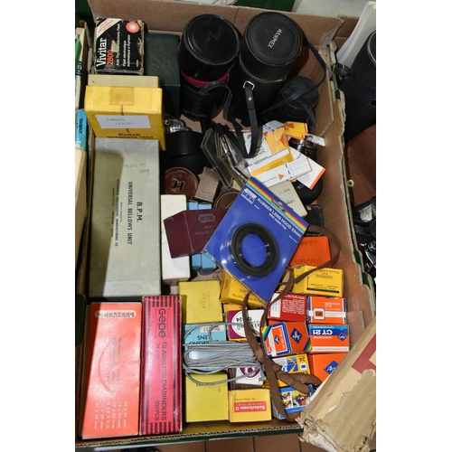 532 - TWO BOXES OF VINTAGE CAMERAS AND EQUIPMENT, to include a folding Zeiss Ikon camera with a brown leat... 