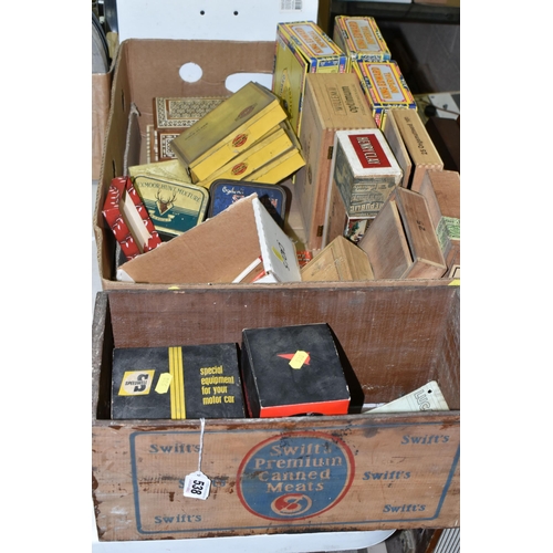 538 - TWO BOXES OF VINTAGE TINS, CIGARETTE BOXES AND VINTAGE CAR PARTS, to include a Moroccan bone inlay m... 