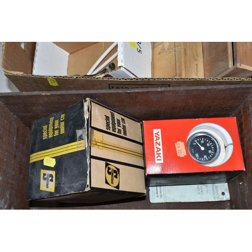 538 - TWO BOXES OF VINTAGE TINS, CIGARETTE BOXES AND VINTAGE CAR PARTS, to include a Moroccan bone inlay m... 