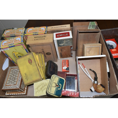 538 - TWO BOXES OF VINTAGE TINS, CIGARETTE BOXES AND VINTAGE CAR PARTS, to include a Moroccan bone inlay m... 