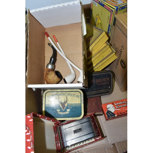 538 - TWO BOXES OF VINTAGE TINS, CIGARETTE BOXES AND VINTAGE CAR PARTS, to include a Moroccan bone inlay m... 