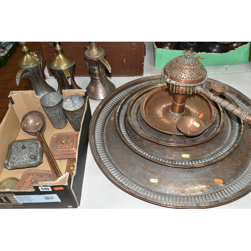 540 - A COLLECTION OF MIDDLE EASTERN COPPER AND BRASS WARE INCLUDING MANY ITEMS WITH WORN TINNING, includi... 