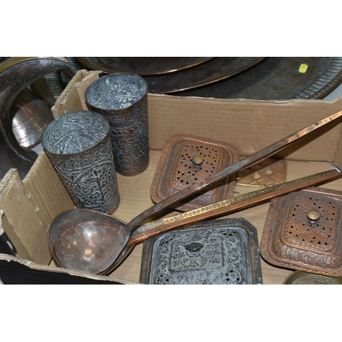 540 - A COLLECTION OF MIDDLE EASTERN COPPER AND BRASS WARE INCLUDING MANY ITEMS WITH WORN TINNING, includi... 