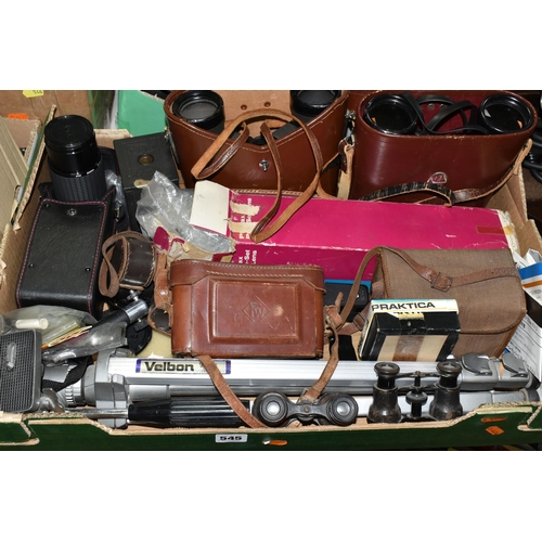 545 - A BOX OF BINOCULARS AND CAMERA EQUIPMENT, ETC, including a cased Sigma zoom lens 1:45 f=70-210mm, a ... 