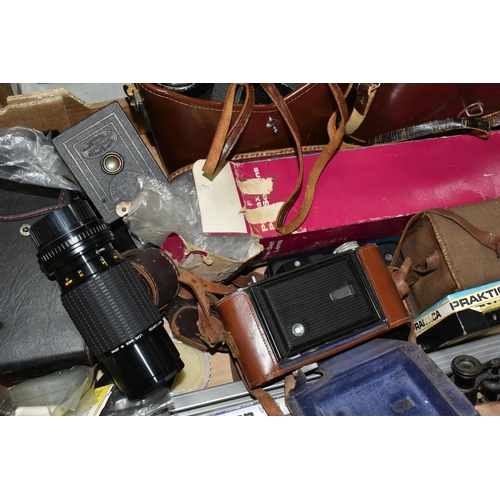 545 - A BOX OF BINOCULARS AND CAMERA EQUIPMENT, ETC, including a cased Sigma zoom lens 1:45 f=70-210mm, a ... 