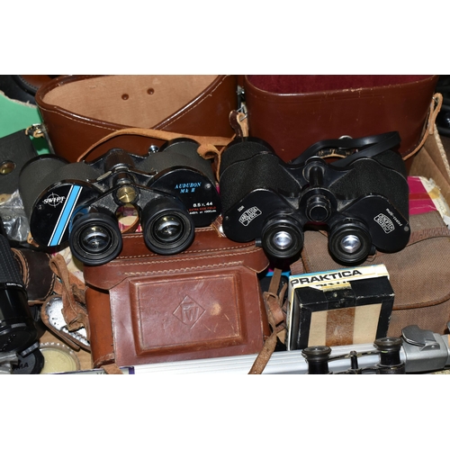 545 - A BOX OF BINOCULARS AND CAMERA EQUIPMENT, ETC, including a cased Sigma zoom lens 1:45 f=70-210mm, a ... 