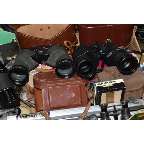 545 - A BOX OF BINOCULARS AND CAMERA EQUIPMENT, ETC, including a cased Sigma zoom lens 1:45 f=70-210mm, a ... 