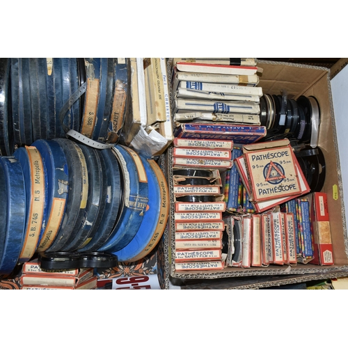 546 - FIVE BOXES containing a large collection of PATHESCOPE 9.5mm Safety Film Reels (different spool size... 