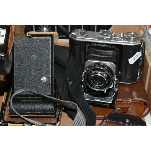 554 - ONE BOX OF VINTAGE CAMERAS, to include Kodak Duo 620 camera, a Kodak Retina IIIc camera, a folding K... 