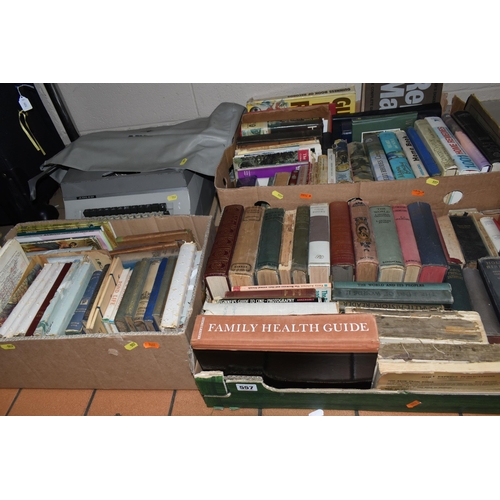 557 - THREE BOXES OF BOOKS, MAPS & A TYPEWRITER, containing over ninety miscellaneous book titles in hardb... 