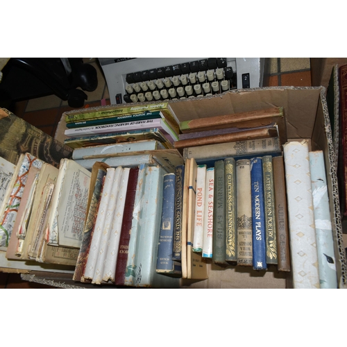 557 - THREE BOXES OF BOOKS, MAPS & A TYPEWRITER, containing over ninety miscellaneous book titles in hardb... 