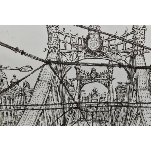 570 - SIDNEY LAWRENCE (AMERICA 1948) 'PEST FROM BUDA', a view across the Chain Bridge in Budapest, initial... 