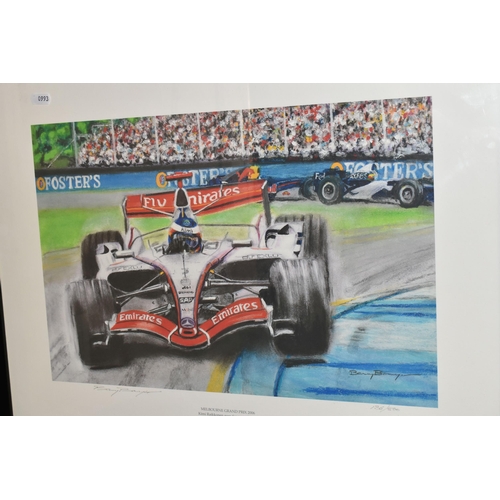 571 - SIX PAINTINGS AND PRINTS, comprising four Formula 1 motor racing prints, Barry Bowyer 'Melbourne Gra... 