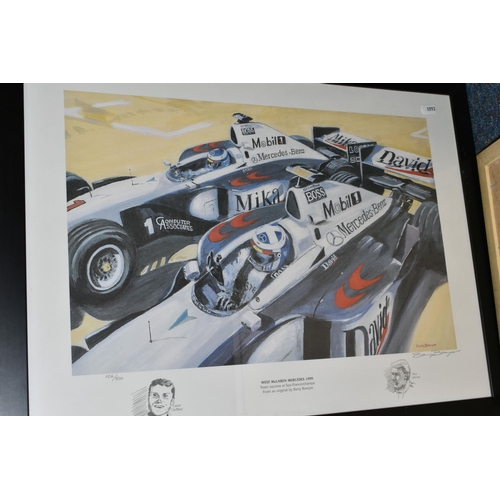 571 - SIX PAINTINGS AND PRINTS, comprising four Formula 1 motor racing prints, Barry Bowyer 'Melbourne Gra... 