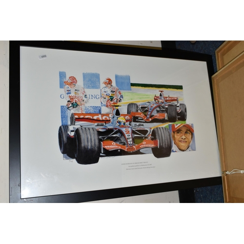 571 - SIX PAINTINGS AND PRINTS, comprising four Formula 1 motor racing prints, Barry Bowyer 'Melbourne Gra... 