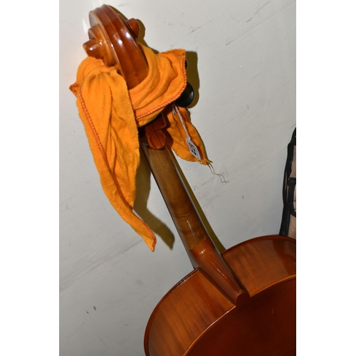 572 - A THREE QUARTER CELLO, ebony fittings, length of body 69.5cm x width at widest point 40cm, length fr... 