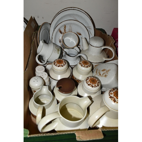 576 - FOUR BOXES OF MIDWINTER STONEHENGE TEA AND DINNER WARES ETC, patterns include Wild Oats, Woodland, S... 