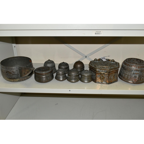 579 - TEN PIECES OF MIDDLE EASTERN / INDIAN TINNED COPPER, comprising an octagonal spice box with hinged l... 