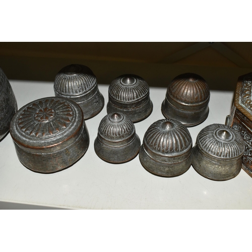 579 - TEN PIECES OF MIDDLE EASTERN / INDIAN TINNED COPPER, comprising an octagonal spice box with hinged l... 