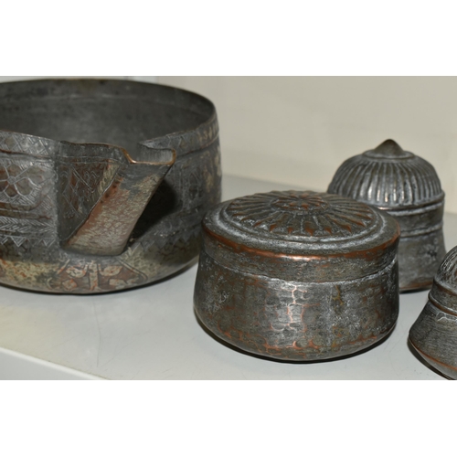 579 - TEN PIECES OF MIDDLE EASTERN / INDIAN TINNED COPPER, comprising an octagonal spice box with hinged l... 