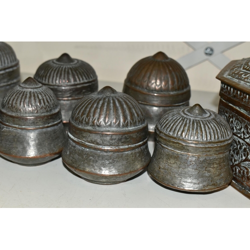 579 - TEN PIECES OF MIDDLE EASTERN / INDIAN TINNED COPPER, comprising an octagonal spice box with hinged l... 