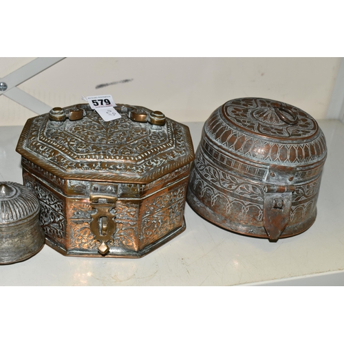 579 - TEN PIECES OF MIDDLE EASTERN / INDIAN TINNED COPPER, comprising an octagonal spice box with hinged l... 