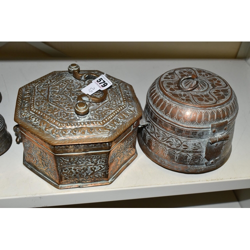 579 - TEN PIECES OF MIDDLE EASTERN / INDIAN TINNED COPPER, comprising an octagonal spice box with hinged l... 