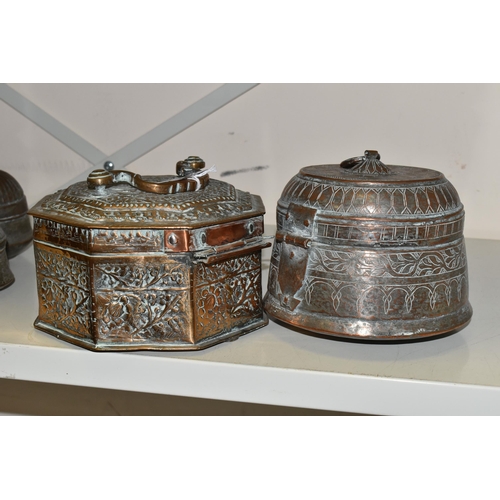 579 - TEN PIECES OF MIDDLE EASTERN / INDIAN TINNED COPPER, comprising an octagonal spice box with hinged l... 