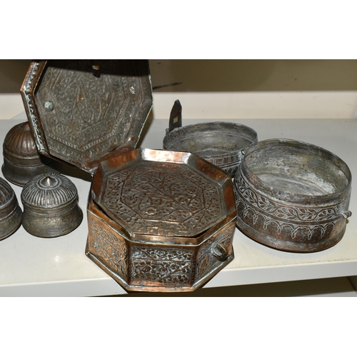 579 - TEN PIECES OF MIDDLE EASTERN / INDIAN TINNED COPPER, comprising an octagonal spice box with hinged l... 