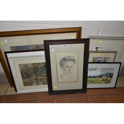 587 - M.L.A. BOGGIS (18TH-19TH CENTURY)  NINE FRAMED PICTURES, watercolours to include a view of a fishing... 