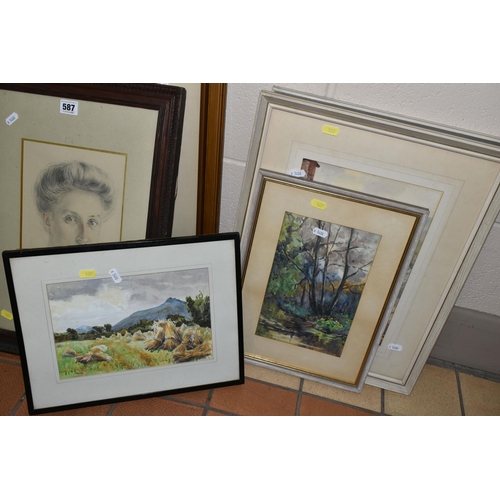 587 - M.L.A. BOGGIS (18TH-19TH CENTURY)  NINE FRAMED PICTURES, watercolours to include a view of a fishing... 