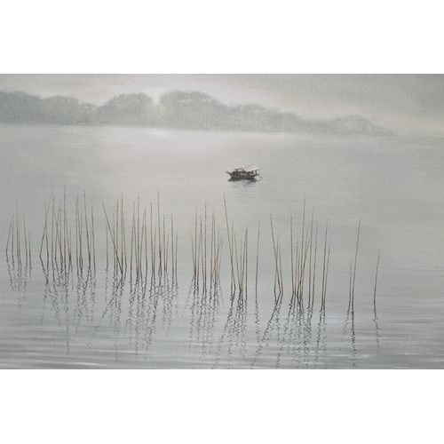 589 - RONALD WONG (20TH CENTURY) FISHING BOAT AND REEDS, a water landscape depicting a Chinese style fishi... 