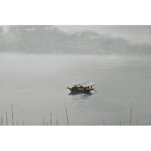 589 - RONALD WONG (20TH CENTURY) FISHING BOAT AND REEDS, a water landscape depicting a Chinese style fishi... 