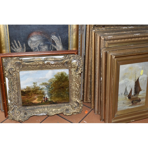 591 - A COLLECTION OF EARLY 20TH CENTURY OIL PAINTINGS ETC, to include a river landscape with angler signe... 