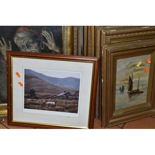 591 - A COLLECTION OF EARLY 20TH CENTURY OIL PAINTINGS ETC, to include a river landscape with angler signe... 