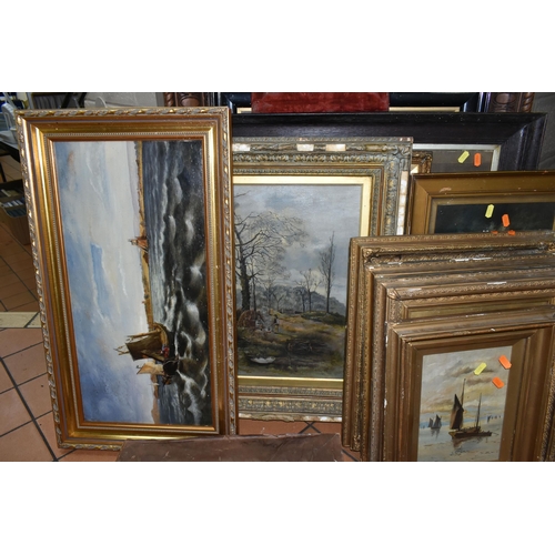 591 - A COLLECTION OF EARLY 20TH CENTURY OIL PAINTINGS ETC, to include a river landscape with angler signe... 