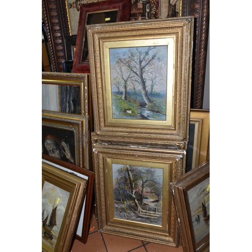 591 - A COLLECTION OF EARLY 20TH CENTURY OIL PAINTINGS ETC, to include a river landscape with angler signe... 