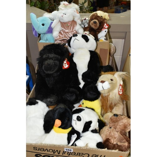 594 - THREE BOXES OF TY CLASSIC SOFT TOYS, to include Pandas, Lions, Rabbits, Bears, etc.  majority appear... 